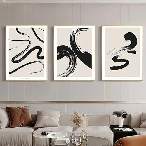WUHBCZ Wandkunst Dekor,Set von 3-Abstrakter Pinselstrich-Wandkunstdruck Schwarz-Beige-Linien-Kritzeleien Poster Mid Century Geometrisches Bild Wohnzimmer Dekoration-40 * 50cm/(16 * 20 Zoll) Ungerahmt von WUHBCZ