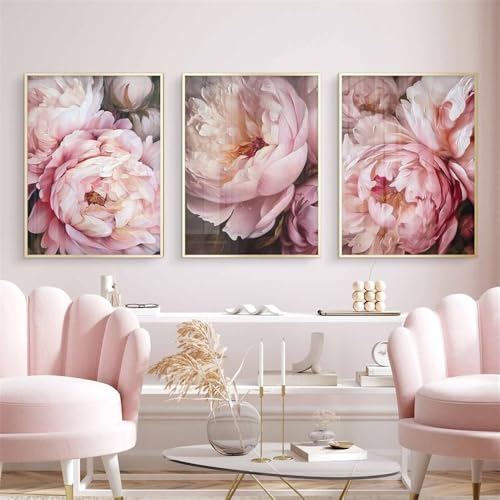 Wandkunst-Abstrakte Pfingstrose Blumen Leinwand Malerei Rosa Wand Kunst Wohnkultur Bild Poster Drucke für Nordisch Wohnzimmer Küche Zimmer Hause Dekoration-50*60cm*3/20*24Zoll*3 Stück (ohne Rahmen) von WUHBCZ
