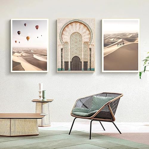 Wandkunst Dekor,Set von 3-Abstrakte Beige Wüste Heißer Luft Ballon Stadtbild Wand Leinwand Malerei Nordisch Poster Drucken Kunst Bild Wohnzimmer Schlafzimmer Dekoration-40*50cm/(16*20 Zoll)Ungerahmt von WUHBCZ