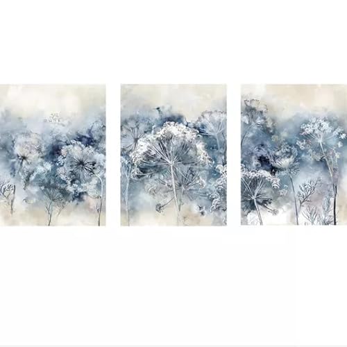 Wandkunst Dekor,Set von 3-Abstraktes Blaues Blütenblatt-Blumenmuster Nordisches Leinwandgemälde Modernes Poster Druck Bild Wohnzimmer Schlafzimmer Heim Dekoration-40*60cm/(16*24 Zoll)Ungerahmt von WUHBCZ