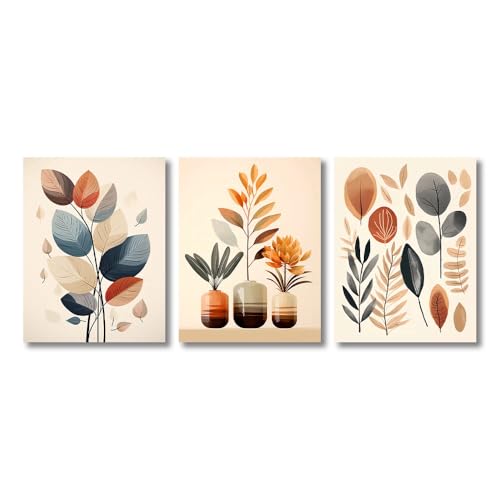 Wandkunstdruck,3 Bilder Set-Retro Blatt Leinwand Malerei Wand Kunst Aquarell Vase Einfache Abstrakte Poster und Druckgrafik für Wohnzimmer Schlafzimmer Wohnkultur-50 * 60cm/(20 * 24 Zoll) Ungerahmt von WUHBCZ