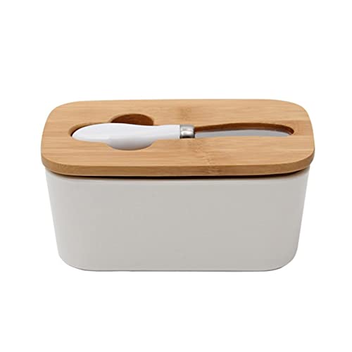 WUHUQN Nette Butter Behälter Keramik Butter Platte Butter Abdichtung Box Mit Holz Deckel und Messer Käse Lagerung Tablett Butter Untertasse Weiß Behälter Box Butterschale von WUHUQN