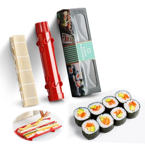 Sushi Maker, 2 In 1 Sushi Maker Set, Onigiri Form Silikon, Sushi Set Zum Selber Machen Für Anfänger Mit, Sushi Rollmatte (Roter Sushi Bazooka + Weißes Bambusmatten) von WUIOWPPIC