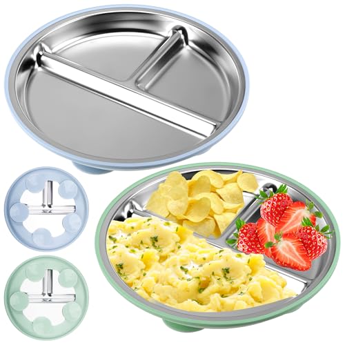 WUISOLQP 2 Stück Edelstahl Baby Teller mit Saugnapf, 22CM Kinderteller mit Saugnapf, BPA-frei und mit Entfernbarer Silikon, Kinderteller mit Unterteilung Babyteller Edelstahl Teller Kinder (A) von WUISOLQP