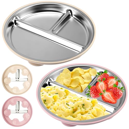 WUISOLQP 2 Stück Edelstahl Baby Teller mit Saugnapf, 22CM Kinderteller mit Saugnapf, BPA-frei und mit Entfernbarer Silikon, Kinderteller mit Unterteilung Babyteller Edelstahl Teller Kinder (B) von WUISOLQP