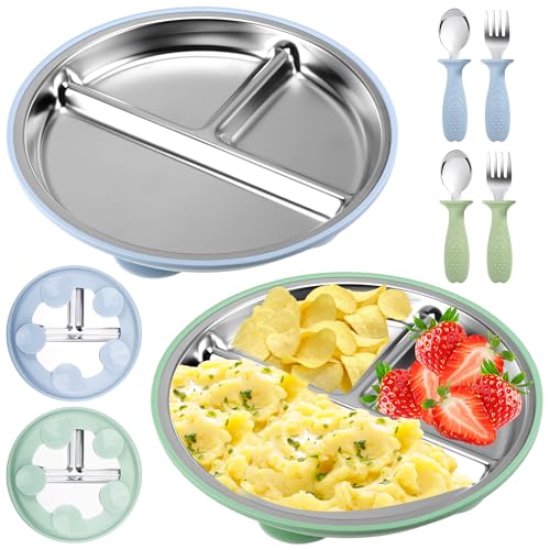 WUISOLQP 2 Stück Edelstahl Baby Teller mit Saugnapf, 22CM Kinderteller mit Saugnapf, Gabel und Löffel, BPA-frei und mit Entfernbarer Silikon, Kinderteller mit Unterteilung Edelstahl Teller Kinder von WUISOLQP