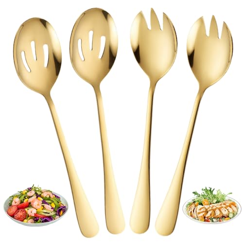 WUISOLQP Salatbesteck Edelstahl Vorlegebesteck, 22 * 5.2cm Servierlöffel Edelstahl Salatgabel Salatlöffel Salatbesteck Set für Dessert Multifunktion Löffel Gabel für Zuhause Restaurant (4 Stück) von WUISOLQP