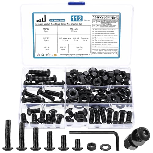 112 STK M8 Schrauben Set, Schwarze Innensechskantschrauben Muttern Set mit Unterlegscheiben Set, Gewindeschrauben mit Muttern, Linsenkopfschrauben und Muttern, Fahrrad Schrauben Set, mit Schlüssel von WUJIAQIU