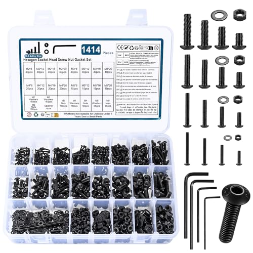 1414 STK M2 M3 M4 M5 Schrauben Set, Schwarze Innensechskantschrauben Muttern Set mit Unterlegscheiben Set, Gewindeschrauben mit Muttern, Linsenkopfschrauben und Muttern, Fahrrad Schrauben Set von WUJIAQIU