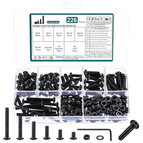 226 STK M4 Schrauben Set, Schwarze Innensechskantschrauben Muttern Set mit Unterlegscheiben Set, Gewindeschrauben mit Muttern, Linsenkopfschrauben und Muttern, Fahrrad Schrauben Set, mit Schlüssel von WUJIAQIU