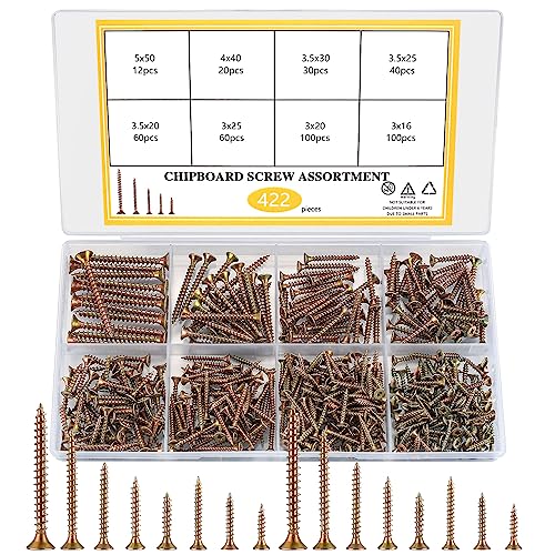 422 Stk Holzschrauben Set, M3 M3.5 M4 M5 Selbstschneidende Schrauben mit Senkkopfschrauben, Spanplattenschrauben Set, Universalschraube, Flachkopfschrauben für Türscharniere Reparaturen DIY Projekt von WUJIAQIU