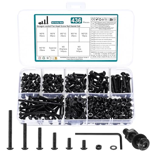 436 STK M3 Schrauben Set, Schwarze Innensechskantschrauben Muttern Set mit Unterlegscheiben Set, Gewindeschrauben mit Muttern, Linsenkopfschrauben und Muttern, Fahrrad Schrauben Set, mit Schlüssel 436 STK M3 Schrauben Set, Schwarze Innensechskantschrauben Muttern Set mit Unterlegscheiben Set, Gewindeschrauben mit Muttern, Linsenkopfschrauben und Muttern, Fahrrad Schrauben Set, mit Schlüssel von WUJIAQIU