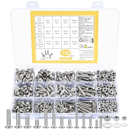 750 Stück Schrauben und Muttern Set, M3 M4 M5 Gewindeschrauben mit Muttern und Unterlegscheiben Kit, Innensechskant Schrauben und Mutter, Edelstahl Sechskantschrauben Sortiment Set von WUJIAQIU