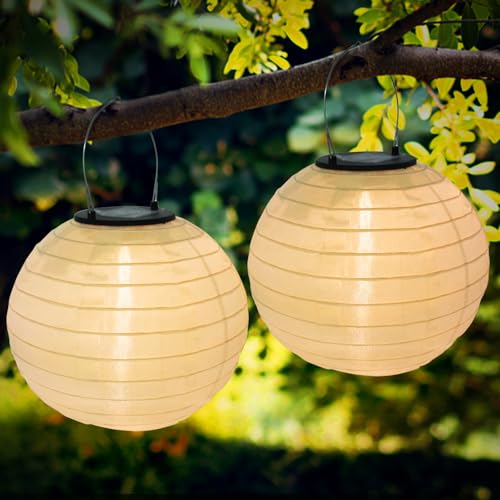 WUJUN Lampions Solar Außen wetterfest weiße Solar-LED-Laterne, Durchmesser 20 cm, Nylon-Hänge-Gartenlaterne, Solarbeleuchtung, geeignet für Garten, Terrasse, Hochzeit, Urlaubsdekoration (2) von WUJUN