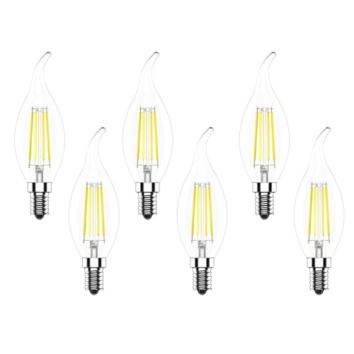 WULUN 6er Pack LED Filament E14 C35 Fadenlampe für Kronleuchter, E14 Glühfaden Retrofit Classic, LED Birne als Kolbenlampe, 4W 400 Lumen, Ersetzt 40W Glühlampe, Kaltweiß 6500K… von WULUN