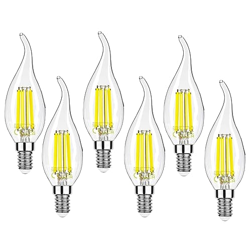 WULUN E14 LED Dimmbar Lampe Kerzenform 6W 806 Lumen Classic Vintage Kronleuchter Glühbirne, Kaltweiß(6500K) LED Fadenlampe Filament Ersatz für herkömmliche 60W-Leuchtmittel, Glas, 6stück von WULUN