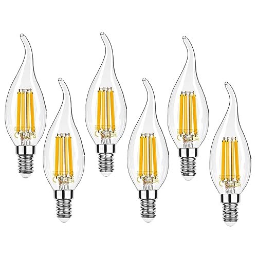WULUN E14 LED Dimmbar Lampe Kerzenform 6W 806 Lumen Classic Vintage Kronleuchter Glühbirne, Warmweiß (2700K) LED Fadenlampe Filament Ersatz für herkömmliche 60W-Leuchtmittel, Glas, 6stück von WULUN