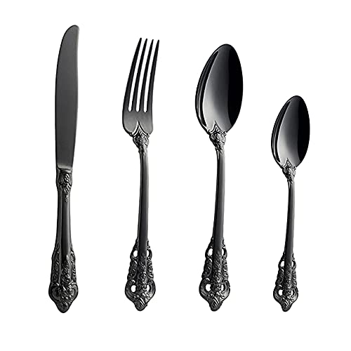 WULUN Edelstahl Besteck-Set Barock 4-teilig mit Messer Gabel Löffel Kaffeelöffel, Antik Königliche Stil, Spülmaschinenfest von WULUN