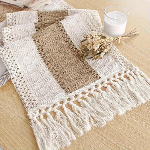 WUMEIJIAJU Boho-Makramee-Tischläufer, Baumwoll-Leinen-Tischläufer, Bauernhaus, gewebter Tischläufer mit Quasten für Hochzeit, Party, Esszimmer, Heimdekoration, Mittelbraun, 30 x 183 cm von WUMEIJIAJU