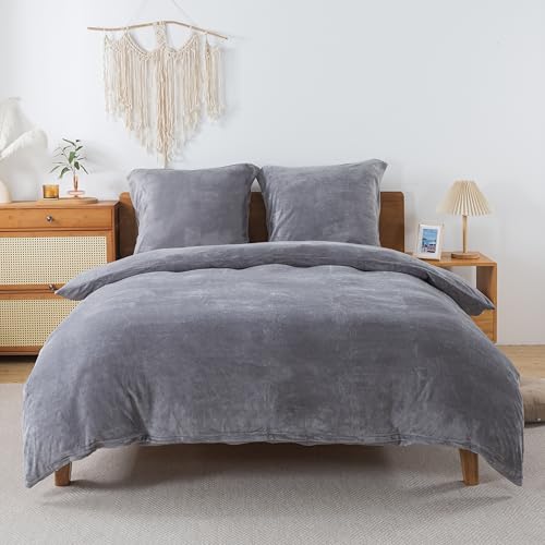 WUMIUER Flauschig Bettwäsche 135x200 cm Dunkelgrau 2tlg Set, Winter Biber Warm Bettbezug und 1 Kissenbezug 80x80cm, Kuschelig Weich Cashmere Touch Flanell Fleece Bettdeckenbezug Bettdecke Cover von WUMIUER