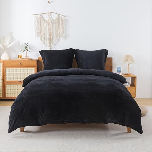 WUMIUER Flauschig Bettwäsche 240x220 cm Schwarz 3tlg Set, Winter Biber Warm Bettbezug und 2 Kissenbezüge 80x80cm, Kuschelig Weich Cashmere Touch Flanell Fleece Bettdeckenbezug Bettdecke Cover von WUMIUER