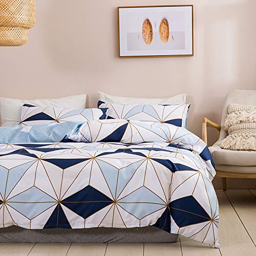 WUMIUER Geometrische Bettwäsche 200x220 Set 3 Teilig - Weiß Blau Dreieck Muster Wendebettwäsche, 1 Bettbezug 200x220cm und 2 Kissenbezüge 80x80cm mit Reißverschluss aus Leicht Weich Mikrofaser von WUMIUER