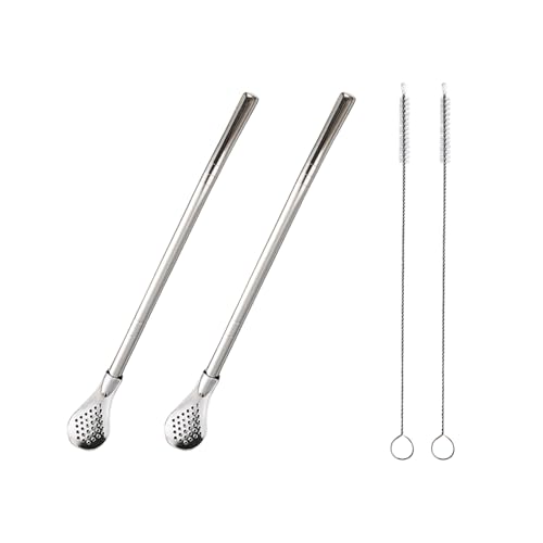 2 Stück Edelstahl Strohhalm Löffel Filter mit 2 Reinigungsbürste, Wiederverwendbarer Teelöffel für losen Tee, Yerba Mate Strohhalm, Metall Trinkhalme, Kaffee Rührer für Getränke Milch(Silber) von WUMUZAI