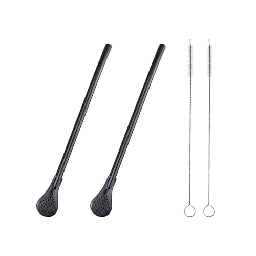 2 Stück Edelstahl Strohhalm Löffel Filter mit 2 Reinigungsbürste, Wiederverwendbarer Teelöffel für Losen Tee, Yerba Mate Strohhalm, Metall Trinkhalme, Kaffee Rührer für Getränke Milch (Schwarz) von WUMUZAI