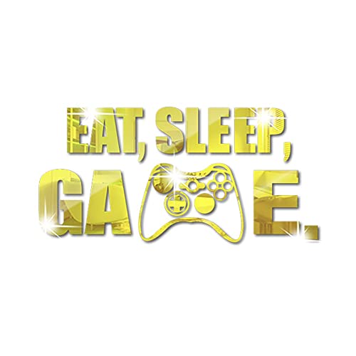 Eat Sleep Game Spiegel Wandaufkleber, Acryl Gaming Wandaufkleber, Gamer Room Decor, Wandkunst Zitat Schild für Jungen Mädchen Männer Schlafzimmer Spielzimmer Studio Videozimmer (Gold) von WUMUZAI