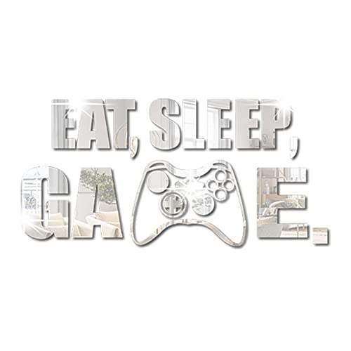 Eat Sleep Game Spiegel Wandaufkleber, Acryl Gaming Wandaufkleber, Gamer Zimmer Dekor, Wandkunst Zitat Schild für Jungen Mädchen Männer Schlafzimmer Spielzimmer Studio Videozimmer (Silber) von WUMUZAI