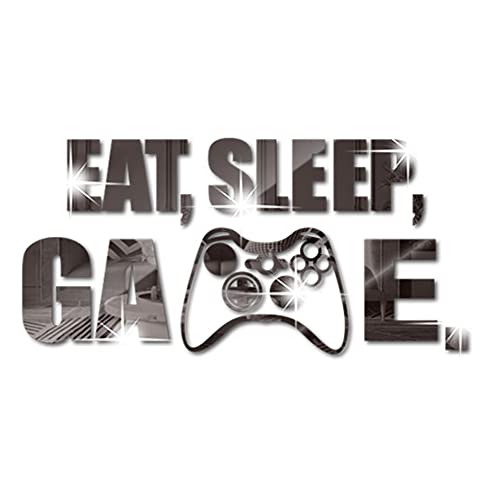 Eat Sleep Game Spiegel Wandaufkleber, Acryl Gaming Wandaufkleber, Gamer Zimmer Dekor, Wandkunst Zitat Schild für Jungen Mädchen Männer Schlafzimmer Spielzimmer Studio Videozimmer (schwarz) von WUMUZAI