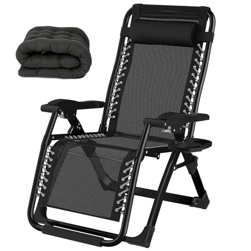 WUOYRON Sonnenliege Liegestuhl Klappbar mit Getränkehalter und Kissen, Verstellbar Gartenliege mit Nackenkissen für Garten, Balkon, Patio und Strand, Relaxliege Belastbar bis 200kg (Schwarz, 72cm) von WUOYRON