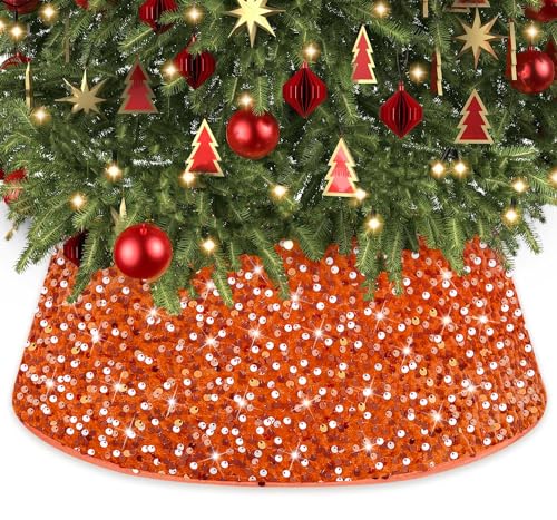 WUPIOS Orange Weihnachtsbaum Kragen Pailletten Weihnachtsbaum Ring 23,6 Zoll Glitzer Weihnachtsbaum Kragen Dicker Filzstoff Bling Baum Rock Luxus Sparkle Baum Basis Korb für Urlaub Party von WUPIOS