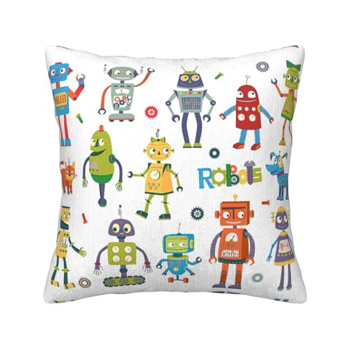 WURTON Weiche Dekoration, niedlicher Cartoon-Roboter-Druck, Cord-Kissenbezüge für Sofa, Couch, Bett, quadratisch gestreift von WURTON