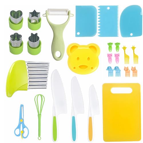 WUSANNA Kinder-Küchenmesser-Set, 27-Teiliges Kinder Sicherheit Küchenmesser Set, Kinder Sicherheit Küchenmesser für echtes Kochen mit Gemüse Ausstechformen, Kinder Kochset zum Schneiden und Kochen von WUSANNA