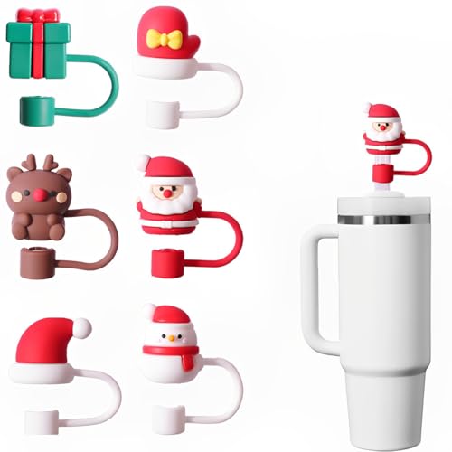 WUSJCOF 6 Stück Wiederverwendbare Staubdichte Silikon Strohhalm Abdeckung für Stanley Cup Zubehör, Strohhalm Accessories (10mm) (Weihnachten) von WUSJCOF
