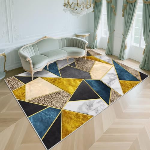 WUTONG Antirutsch Teppich Wohnzimmer Modern Blau 100x160cm，Geometrische Muster Waschbar für Schlafzimmer,Vorzimmer,Wohnungs von WUTONG