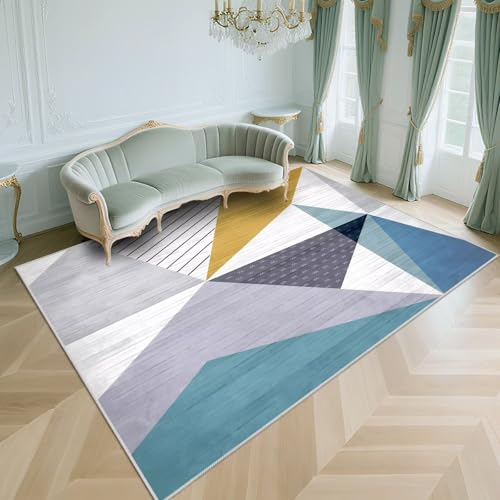 WUTONG Kurzflor Teppich Wohnzimmer Blau 80x160cm，Moderne Geometrie Waschbar In Waschmaschine für Esszimmer,Jugendzimmer,Vorzimmer von WUTONG
