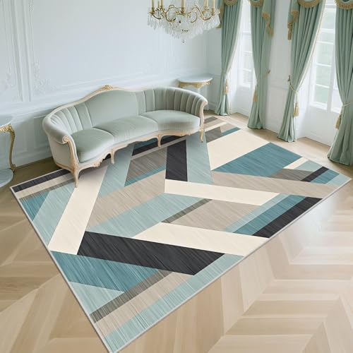 WUTONG Teppich Wohnzimmer 180x250cm,Waschbarer Kurzflor,Moderner Geometrie，rutschfest Design für Schlafzimmer,Balkon,Esszimmer Blau von WUTONG