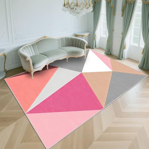 WUTONG Teppich Wohnzimmer 80x160cm Waschbar Kurzflor rutschfest Weich,Moderner Geometrie Teppiche für Schlafzimmer,Esszimmer,Büro,Rosa von WUTONG