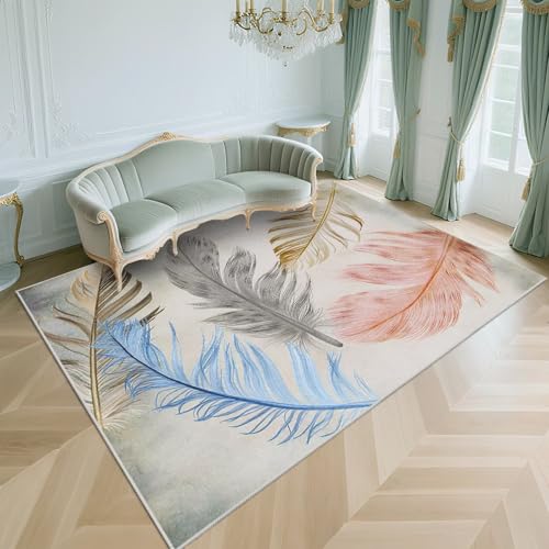 WUTONG Waschbar Flurteppiche Hellgrau 160x230cm，Federmuster Pflegeleicht für Wohnzimmer,Schlafzimmer,Terrasse von WUTONG
