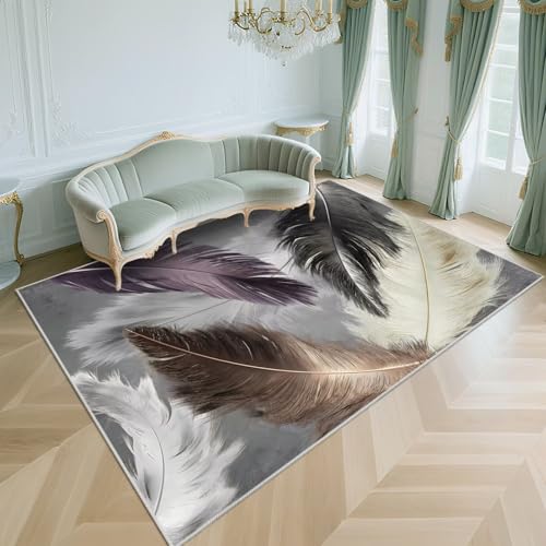 WUTONG Waschbar Teppich Flach Grau 80x160cm，Federmuster Kurzflor,Weich für Schlafzimmer,Wohnzimmer,Büro von WUTONG