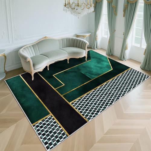 WUTONG Waschbar Teppich Wohnzimmer Dunkelgrün 160x230cm,Geometrisches Design Antirutsch,Flach für Schlafzimmer,Esszimmer,Flur von WUTONG