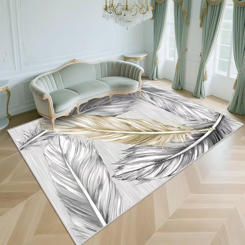 WUTONG Waschbar Teppich Wohnzimmer Hellgrau 80x160cm，Federmuster Antirutsch für Kinderzimmer,Büro,Wohn von WUTONG