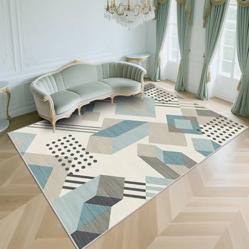 WUTONG Weich Teppich Eingangsbereich Innen Blau 50x80cm，Geometrische Gitter Waschbar,Kurzflor für Eingangsbereich,Esszimmer,Flur von WUTONG