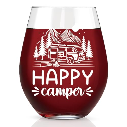 WUUCKOO Weinglas mit Aufschrift "Happy Camper", lustiges Camping-Geschenk für Männer und Frauen, niedliches Camping-Geschenk für Paare, Ehefrau, Freund, Reisende, Geschenk für Camper, Camper-Zubehör von WUUCKOO