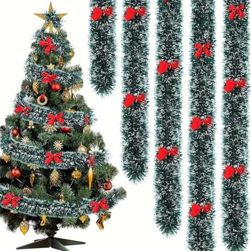 Tannengirlande 10m, Weihnachtsschleifen Rot mit 24 Schmetterlinge, Glänzende Girlande Weihnachtens, Weihnachtsgirlande, Treppengirlande Weihnachten für Party Indoor und Outdoor Dekoration von WUWENY