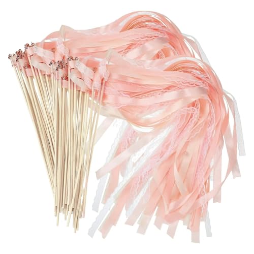 Wedding Wands Zauberstäbe Hochzeit Luftschlangen, Zauberstäbe mit Schleifen Glocken, Spitzenfeenstab Seidenfeenstab für Hochzeit, Weihnachten, Geburtstag, Party Feiertagsfeiern (Rosa-30pcs) von WUWENY