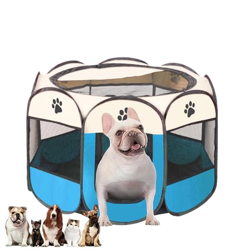 Welpenauslauf Faltbar, Welpenlaufstall für Drinnen, Laufstall Hund Pop-Up, Tragbarer Haustier Hundezaun, Hundeauslauf für Innen Hasen Katzen, für Katzen, Hunde, Kaninchen (Blau Weiß-S) von WUWENY