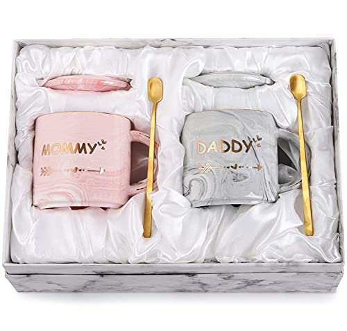 WUWEOT 350ml Kaffeetassen Set Keramik Mommy und Daddy Paar Tassen mit Marmorierung Mustern Kaffeebecher Becherset Geschenkset mit Deckel Löffel Geschenkbox Perfekt für KaffeeTee und Wasser von WUWEOT